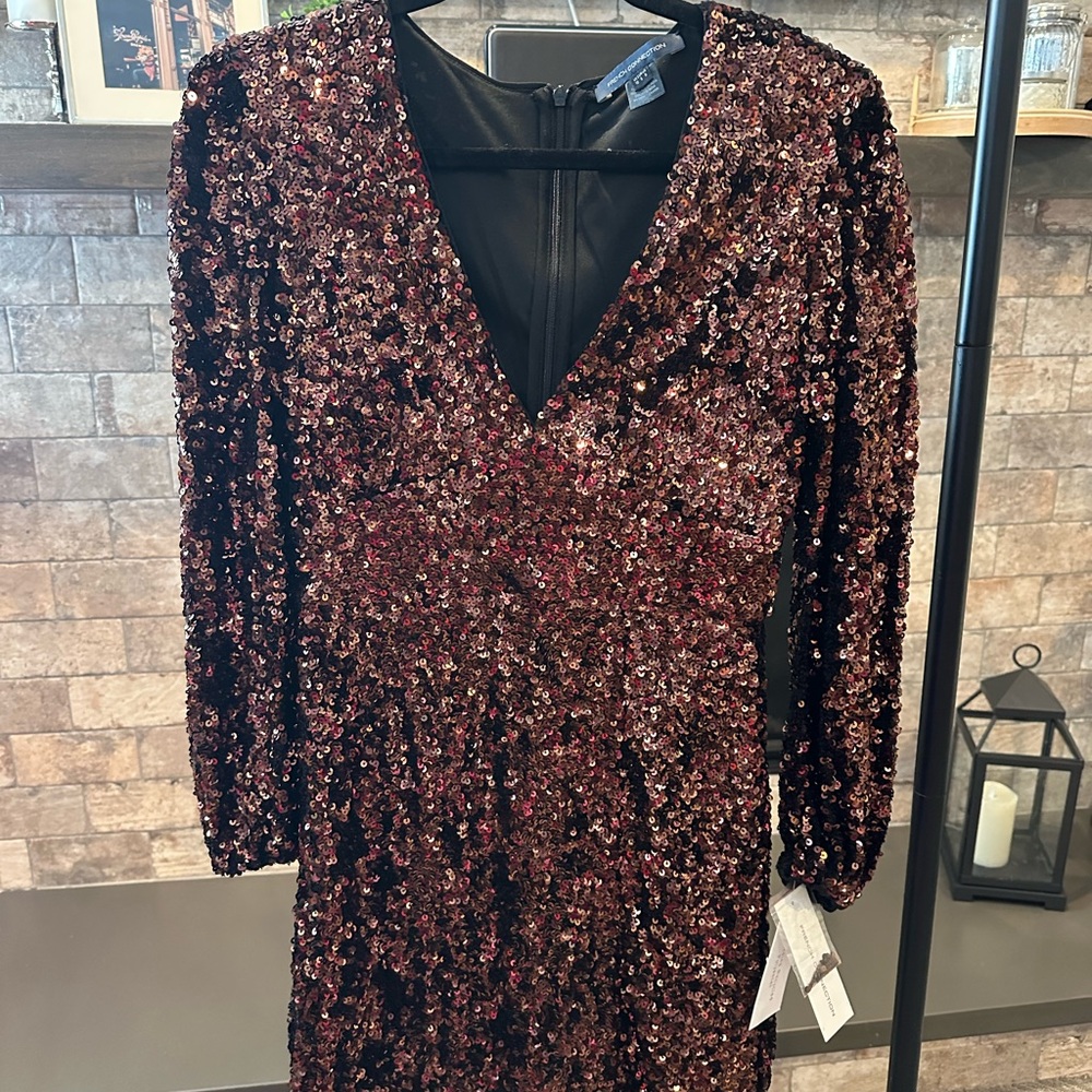 French Connection Brown Sequin Long Sleeve Dress